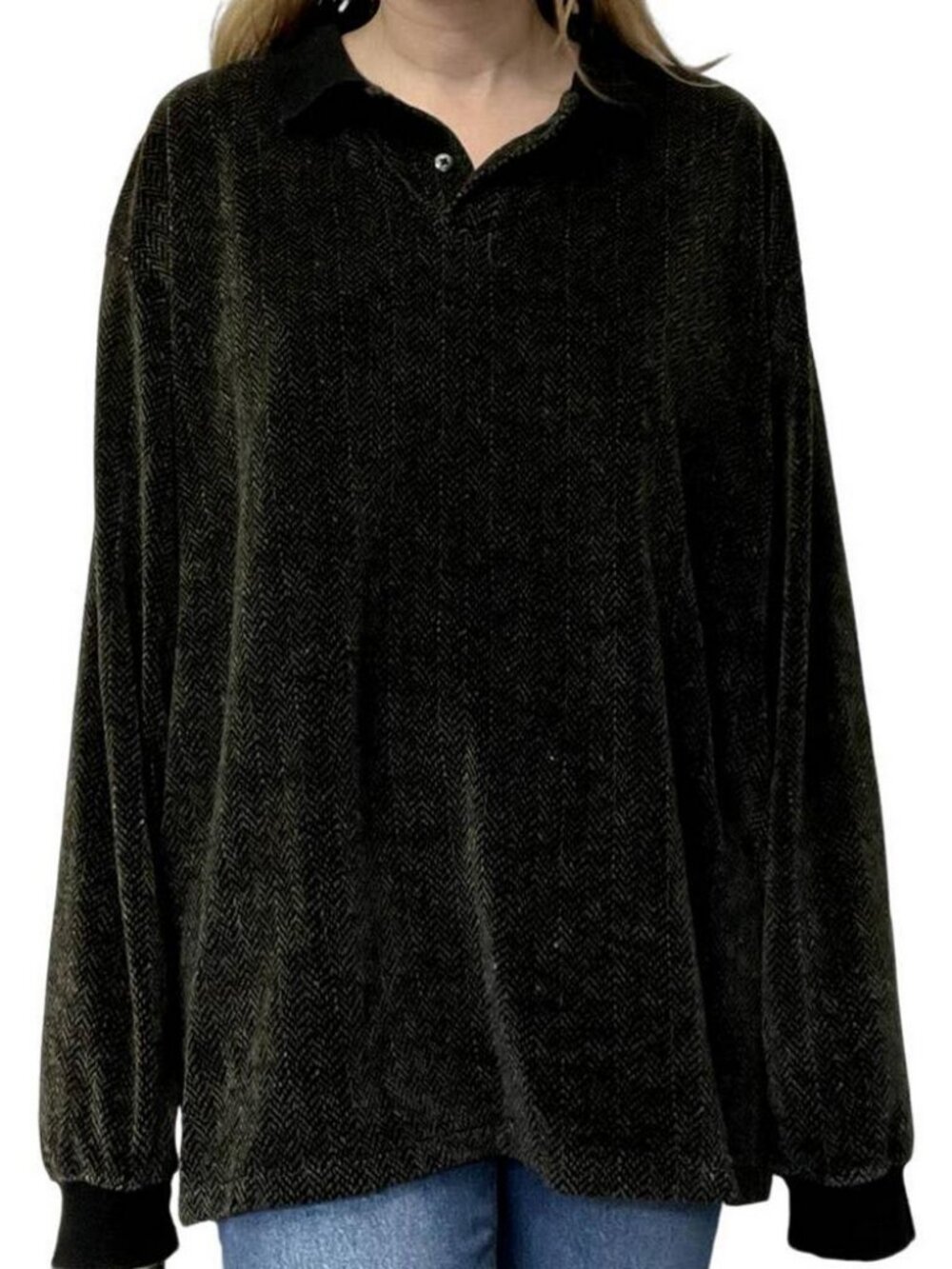 Green Velvet Black Collared Long Sleeve Polo Shirt Neckline Retro Imprints XL